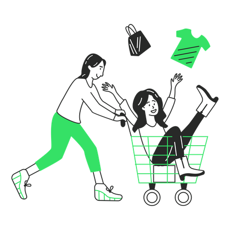 Meninas vão às compras em uma cesta  Ilustração