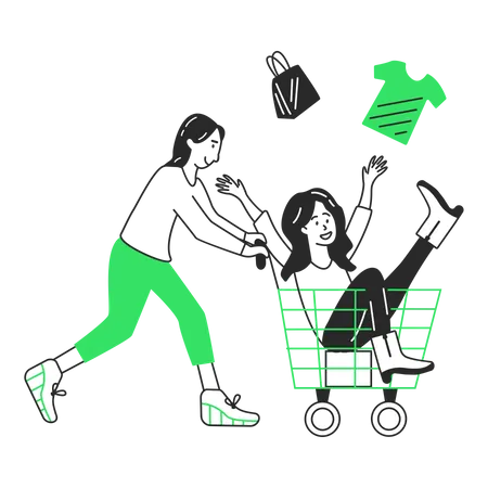 Meninas vão às compras em uma cesta  Ilustração