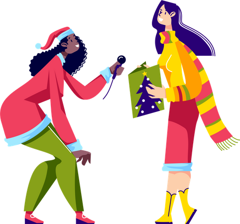 Meninas vestindo roupas de Papai Noel cantando música de Natal  Ilustração