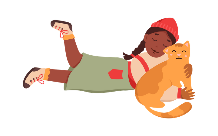 Menina abraçada com gato  Ilustração