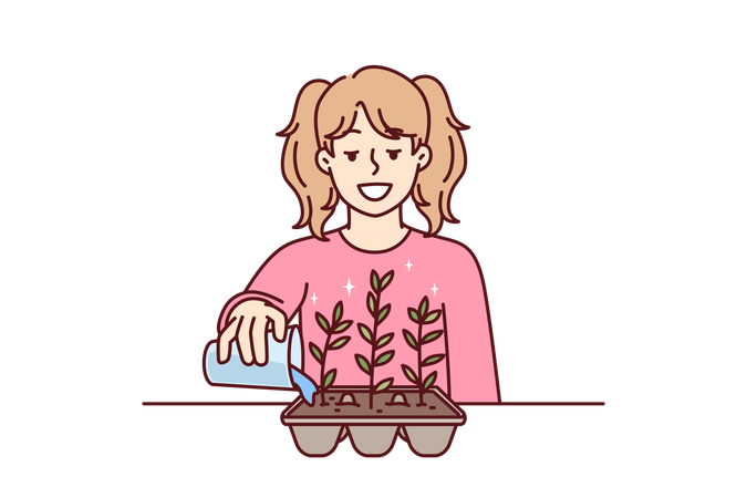 A menina está regando a planta em forma de casca de ovo  Ilustração