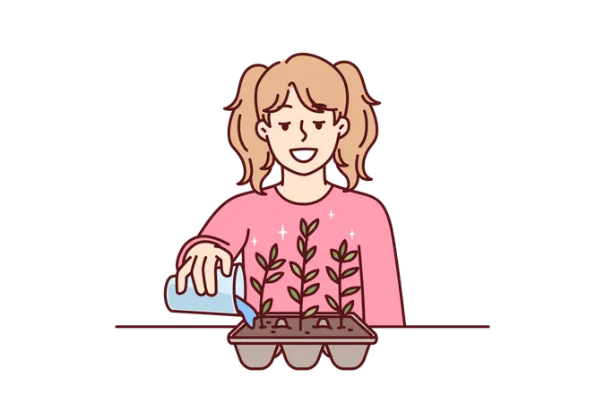 A menina está regando a planta em forma de casca de ovo  Ilustração