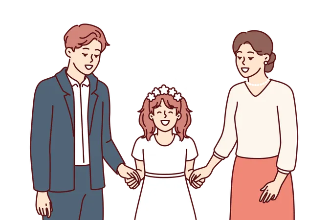 Menina junto com pai e mãe no dia da sagrada comunhão de acordo com o rito cristão  Ilustração