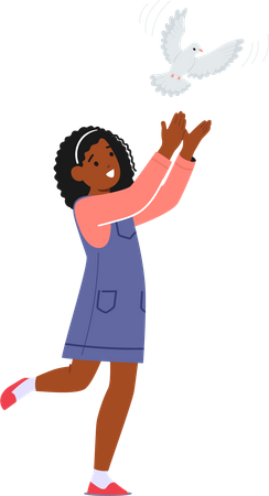 Menina negra lança pomba branca  Ilustração