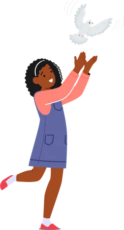 Menina negra lança pomba branca  Ilustração
