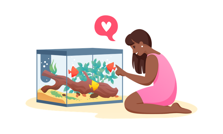 Menina sentada perto da casa dos peixes  Ilustração