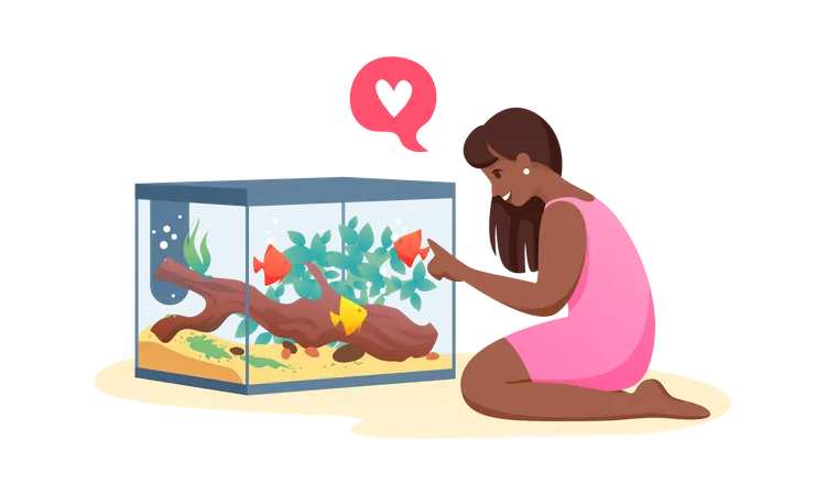 Menina sentada perto da casa dos peixes  Ilustração