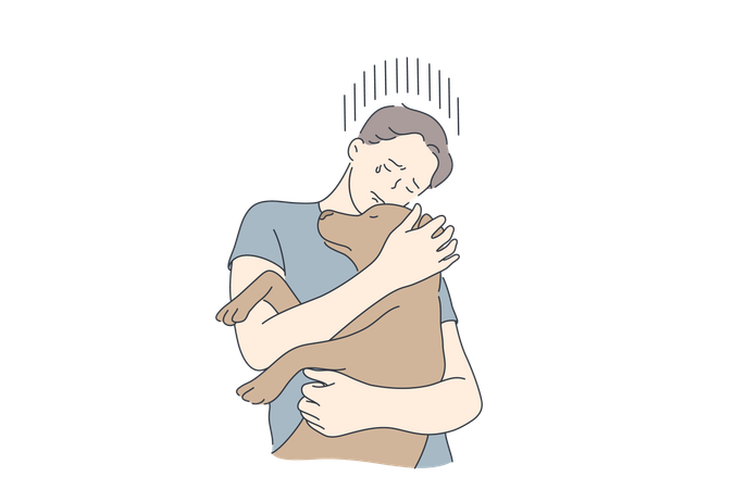 Menino abraça seu cachorro de estimação e chora  Ilustração