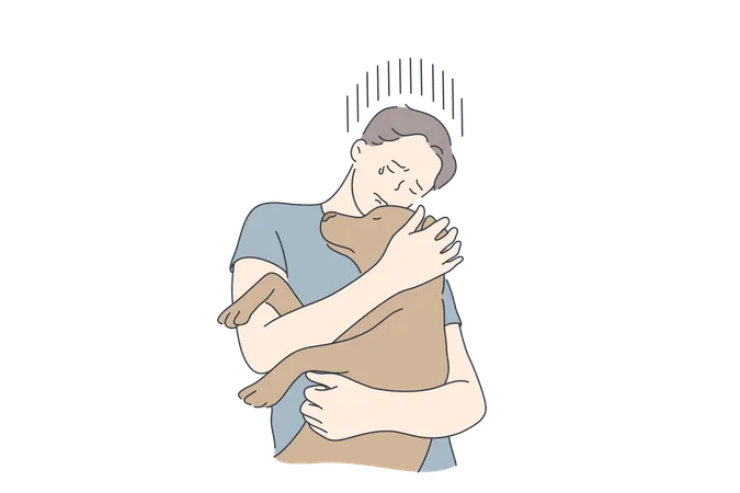 Menino abraça seu cachorro de estimação e chora  Ilustração