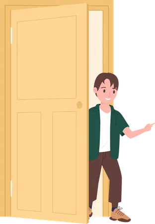 Menino abrindo a porta  Ilustração