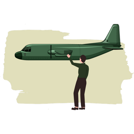 Menino acenando para um avião militar  Ilustração