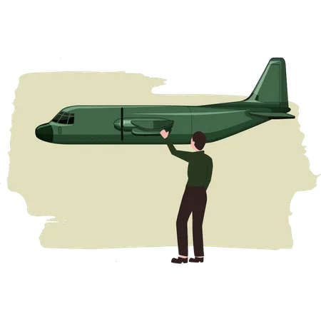 Menino Acenando Para Um Aviao Militar Ilustração