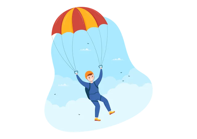 Menino lança pára-quedas durante salto de paraquedas  Ilustração