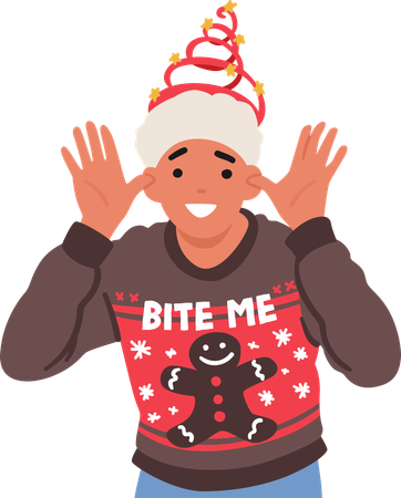 Menino adolescente alegre com um suéter festivo de Natal e chapéu de Papai Noel irradia espírito natalino com um sorriso caloroso  Ilustração