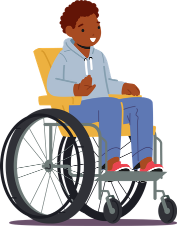 Menino africano com deficiência sentado em cadeira de rodas  Ilustração