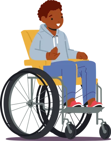 Menino africano com deficiência sentado em cadeira de rodas  Ilustração