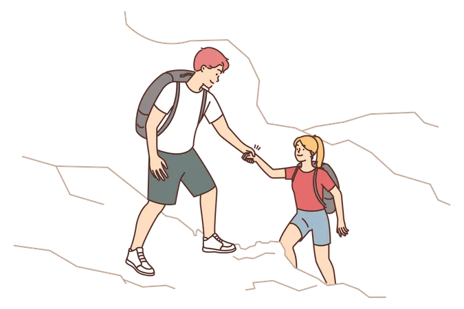 Menino ajudando a menina a escalar durante uma caminhada  Ilustração