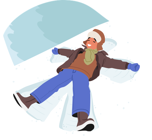 Menino alegre deitado na neve recém-caída  Ilustração