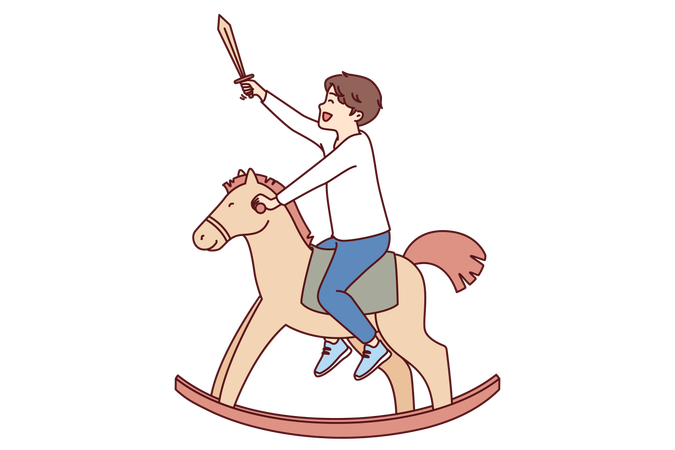 Menino alegre senta-se montado em um cavalo de brinquedo e segura a espada do cavaleiro na mão  Ilustração