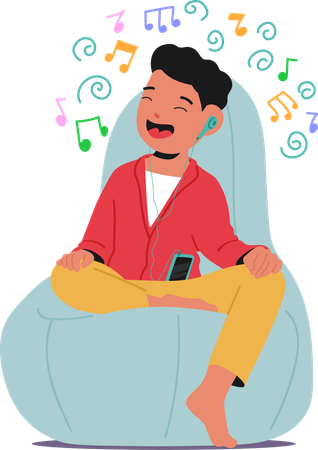 Menino alegre usando fones de ouvido curtindo música enquanto está sentado em um saco de feijão  Illustration