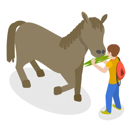 Menino alimentando cavalo  Ilustração