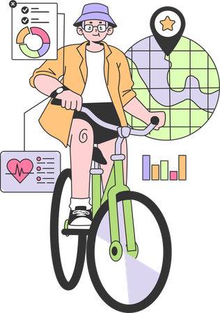 Menino analisa a frequência cardíaca na faixa de fitness enquanto anda de bicicleta  Ilustração