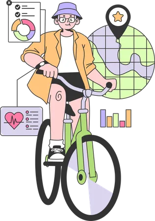 Menino analisa a frequência cardíaca na faixa de fitness enquanto anda de bicicleta  Ilustração