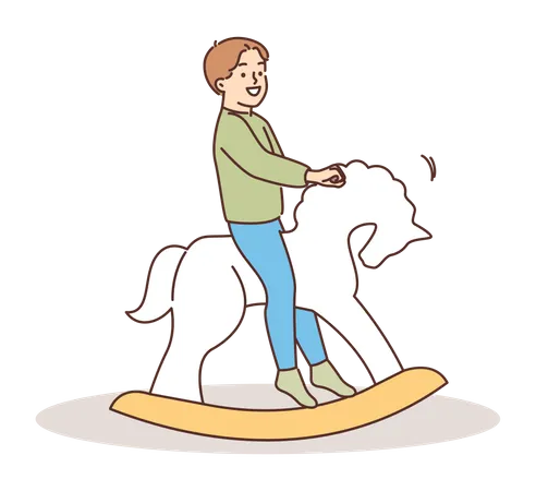 Menino andando em cavalo de balanço  Ilustração