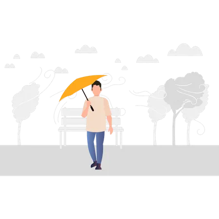 Menino andando com guarda-chuva  Ilustração