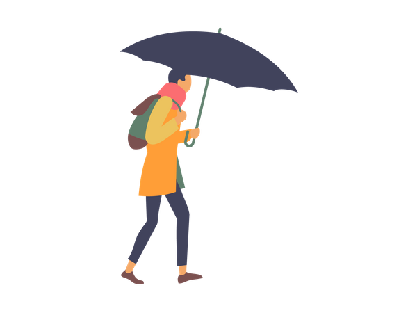 Menino andando com guarda-chuva em dia chuvoso  Ilustração