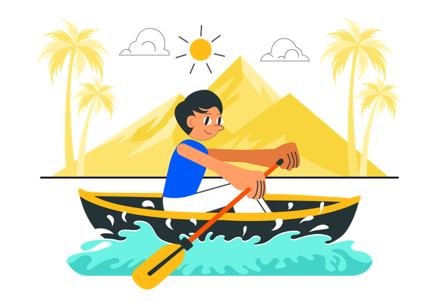 Menino andando de barco no rio  Ilustração