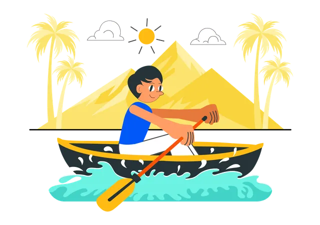Menino andando de barco no rio  Ilustração