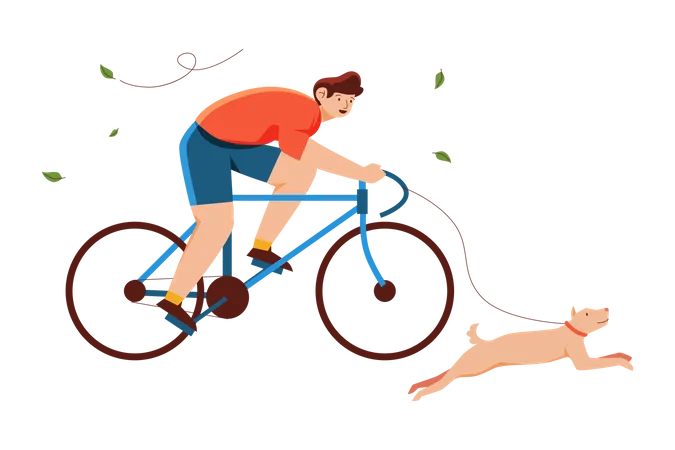 Menino andando de bicicleta com cachorro de estimação  Ilustração