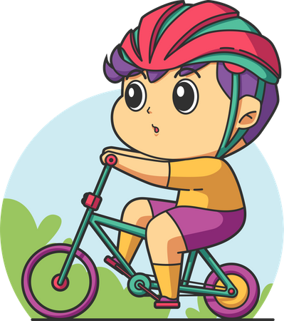 Menino andando de bicicleta enquanto usava capacete  Ilustração