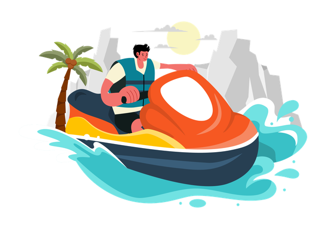 Menino andando de jet ski  Ilustração