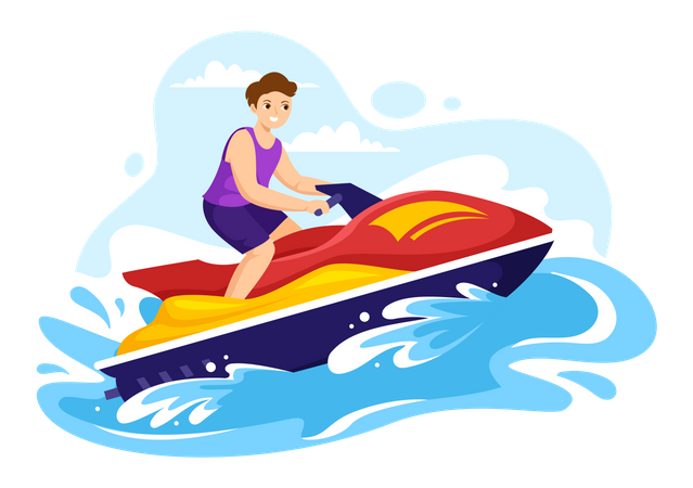 Menino andando de jet ski  Ilustração