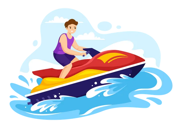 Menino andando de jet ski  Ilustração