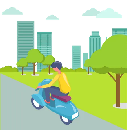 Menino andando de scooter na cidade  Ilustração