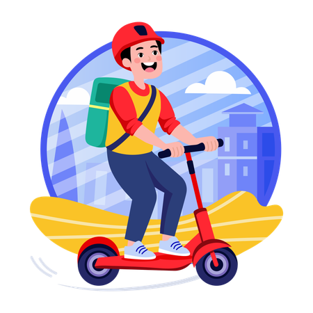 Menino andando de scooter para entrega  Ilustração