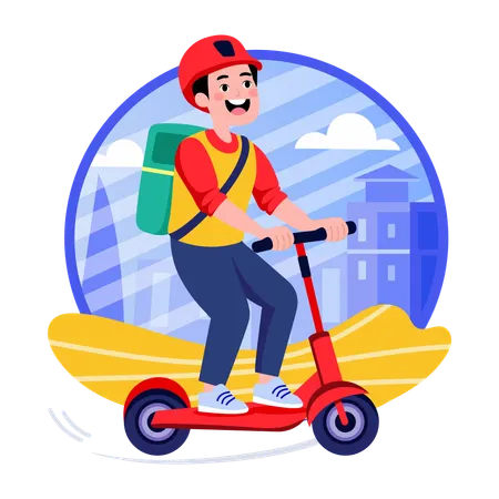 Menino andando de scooter para entrega  Ilustração