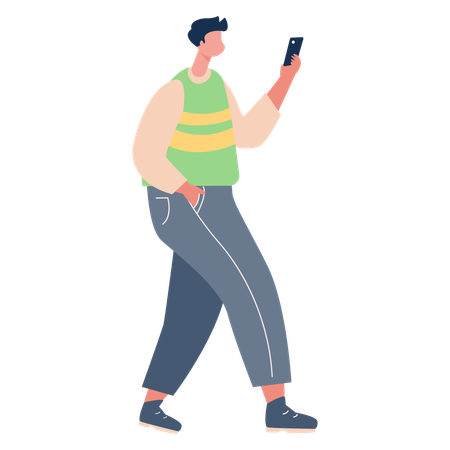 Menino andando enquanto usa o telefone  Ilustração