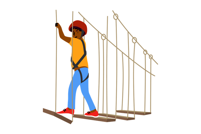 Menino andando na escada de corda  Ilustração