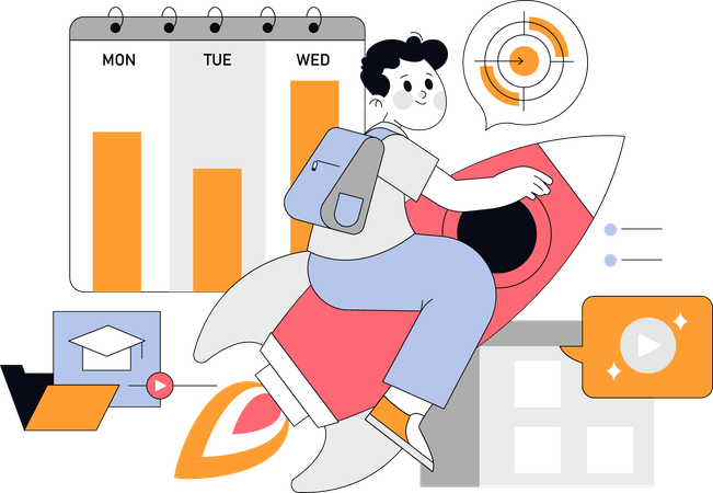 Menino andando de foguete enquanto obtém crescimento educacional  Ilustração