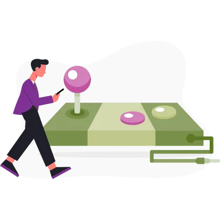 Menino andando perto do joystick  Ilustração