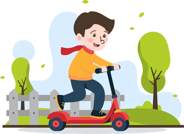 Menino andando de scooter  Ilustração