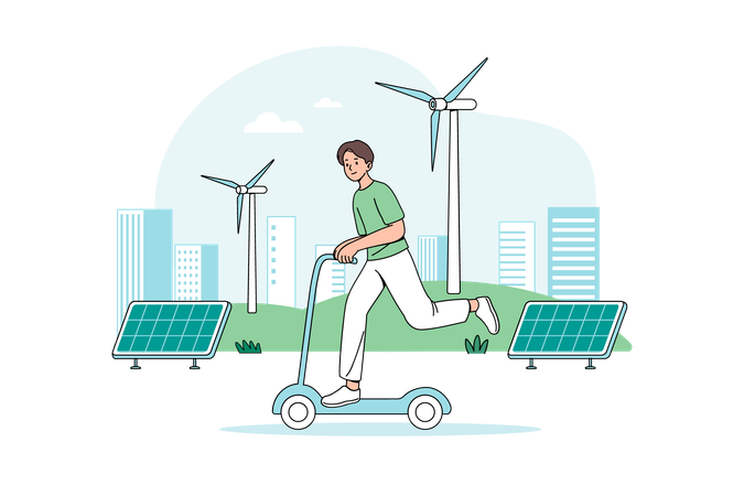 Menino andando de scooter elétrico de energia renovável  Ilustração