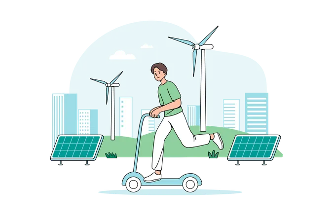 Menino andando de scooter elétrico de energia renovável  Ilustração