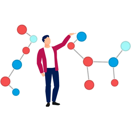 Menino apontando estrutura química  Ilustração