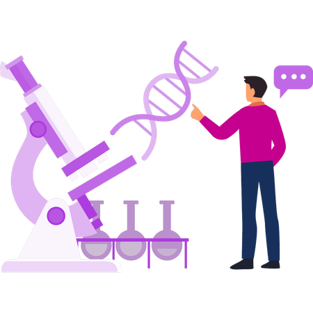 Menino apontando para a estrutura do DNA  Ilustração