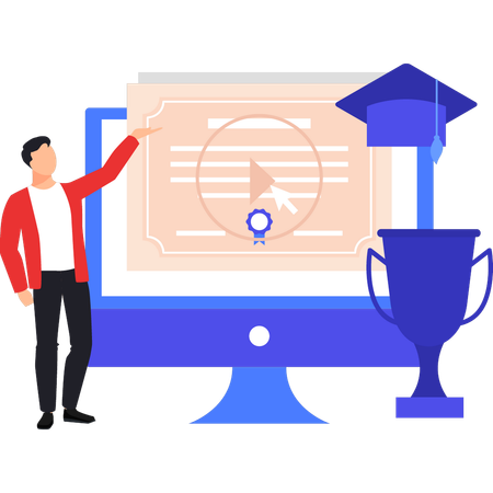 Menino apontando para vídeo de certificado on-line no monitor  Ilustração